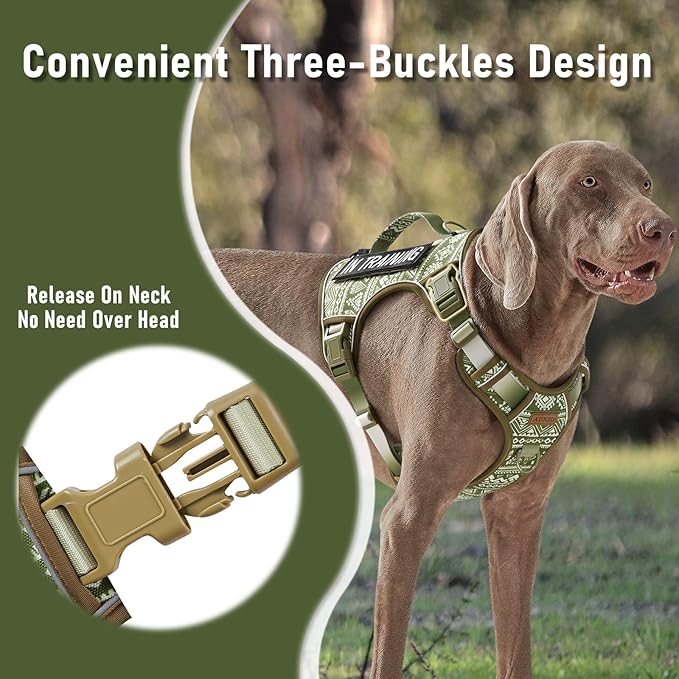 Heavy Duty No Pull Tactical Dog Harness for Large Dogs, Labrador Golden Retriever German Shepherd, Adjustable Soft Padded Dog Vest, Breathable Pet Oxford Vest with Easy Control Handle, Green Ethnic L