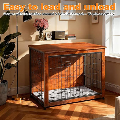 SHAWKEN Wooden & Metal Medium Dog Crate Furniture Indoor with Soft Cushion, Double-Door Dog House, 31.5" L Dog Kennel (Rustic Brown, Medium)