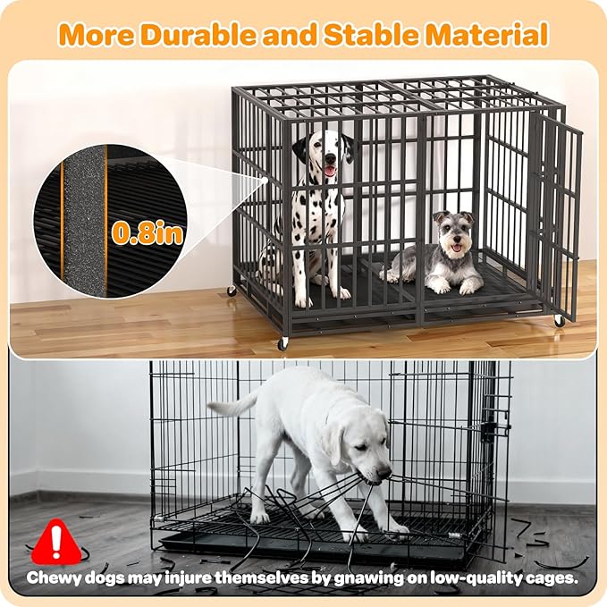Hiwokk 60 Inch Heavy Duty Dog Crate, Indestructible Escape-Proof Dog Kennel for High Anxiety Large Dogs, Strong Metal Pet Cage with Double Doors, Lockable Wheels & Removable Tray, XL XXL XXXL