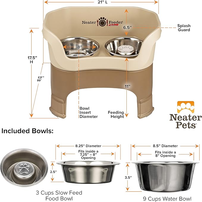 Neater Feeder Deluxe Mess-Proof Elevated Dog Bowls for Large Dogs (40+ lbs), 2 Height Adjustable (14.5” & 17.5”) No-Spill Raised Dog Bowl Stand w/Slow Feed Bowl for Food, Made in USA, Cappuccino