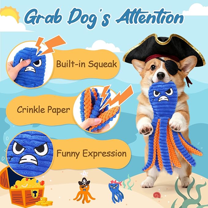 Zeaxuie Dog Toys for Aggressive Chewers, 2 Pack No Stuffing Dog Toys for Teething, Squeaky Chew Toy to Keep Them Busy for Small and Medium Breed, Crinkle Octopus