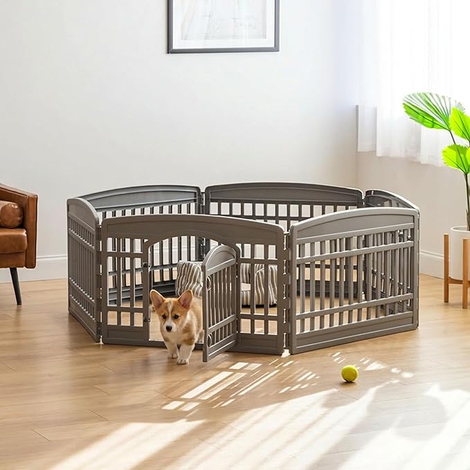 IRIS USA 24" Dog Playpen 6-Panel Pet Exercise Pen with Door Gate 61x61x24 Puppy Play Pen Indoor Outdoor Plastic Heavy Duty Foldable Portable Pet Fence for Small Medium Dogs Puppies Multiple Pets Gray