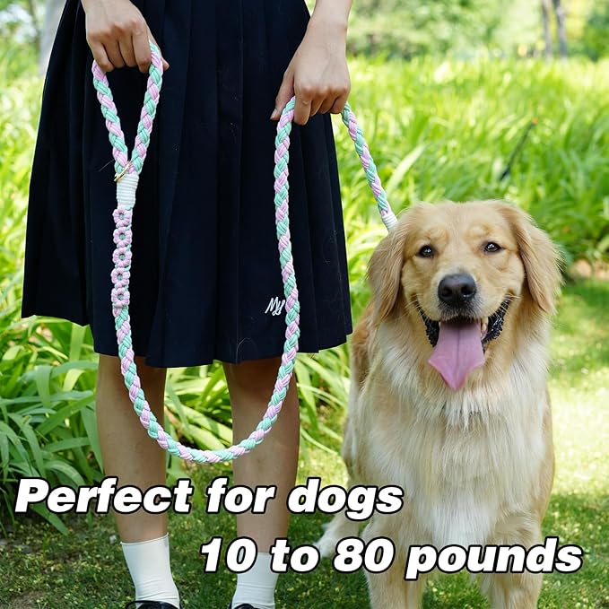 Handmade 5ft Braided Cotton Dog Leash with Unique Floral Handle, Durable and Stylish, Ideal for Small to Large Dogs, Pink & Green Color