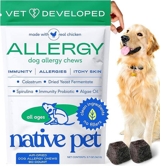 Native Pet Dog Allergy Chews - Dog Allergy Relief for Large Breeds - Supports Seasonal Itch Relief, Healthy Immune Function & Reduces Sneezing - Colostrum, Spirulina, & Probiotics - 30 Days Supply