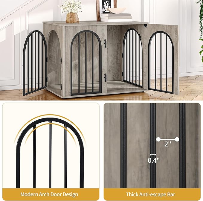 Hzuaneri 31.5'' Wooden Dog Crate Furniture, Indoor Dog Kennel Dogs Cage for Small/Medium Dogs, Heavy Duty Dog Crates Decorative Pet House End Side Table TV Stand, Greige Black DFC85105B