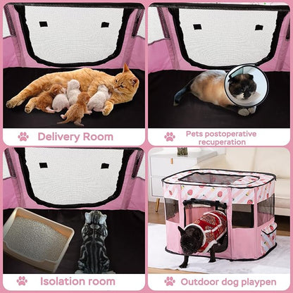 Portable Pet Playpen, Cat Playpen for Indoor Cats Enclosed，Kitten Playpen Indoor with Resistant Breathable Shade Cover,Indoor Outdoor Use for Small Medium Pet (M, Pink)