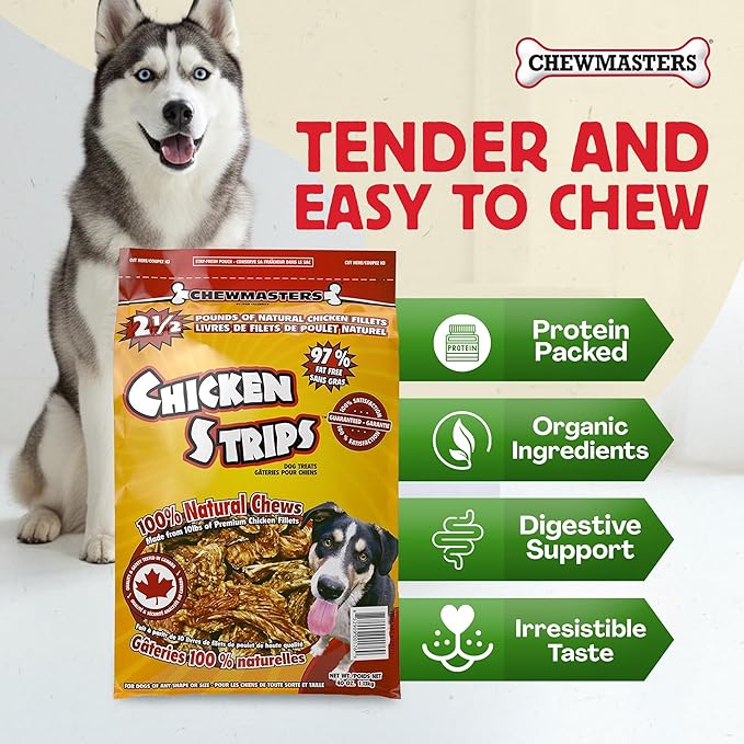 Chewmasters Chicken Strips Dog Treats - Made from Premium White Meat Chicken - All Natural - No Artificial Additives - Protein Rich Dog Snacks - Healthy Training Treats for All Breeds & Life Stages