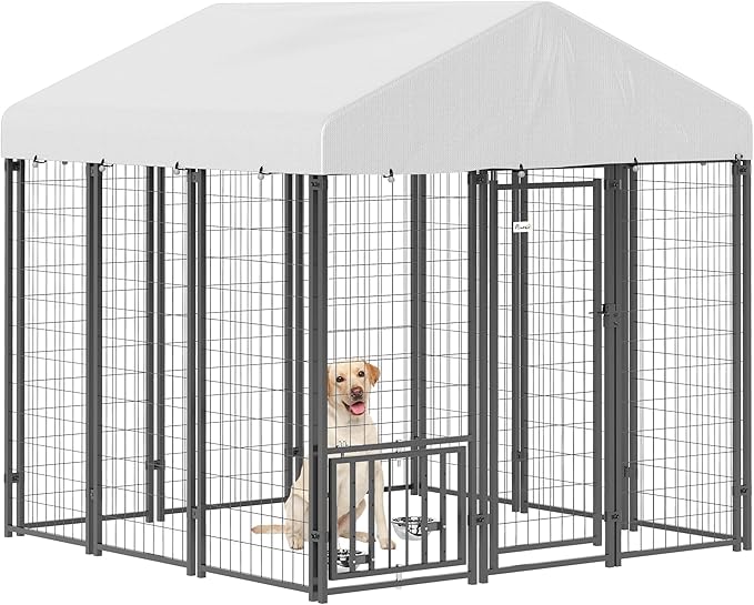 PawHut Outdoor Dog Kennel with Roof, 6' x 6' x 6' Heavy Duty Welded Wire Dog Playpen Enclosure with Escape-Proof Lock, Adjustable Bowls, UV-Resistant & Waterproof Cover, for S&M&L Breeds, Silver