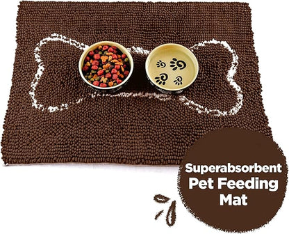Soggy Doggy Slopmat Dog Food Mat – Absorbent Microfiber Chenille Pet Feeding Mat for Food & Water Bowls, Muddy Paws Small Doormat, Non-Slip, Machine Washable Rug – Chocolate/Oatmeal Bone, 18” x 24”