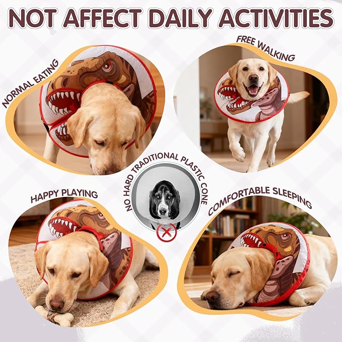 EXPAWLORER Large Widen Soft Dog Cone Collar - Inflatable Dog Neck Donut Collar Alternative After Surgery to Stop Licking,Adjustable Protective Recovery E Collar(Dinosaur)
