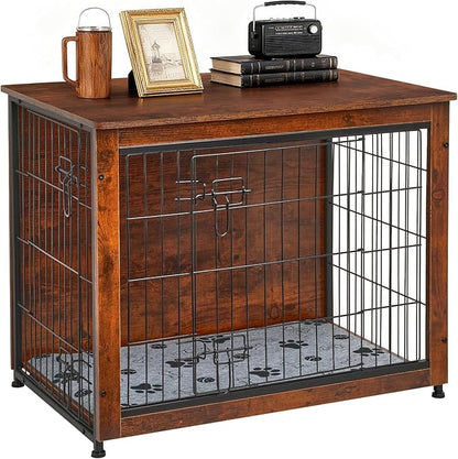 SHAWKEN Wooden & Metal Medium Dog Crate Furniture Indoor with Soft Cushion, Double-Door Dog House, 31.5" L Dog Kennel (Rustic Brown, Medium)