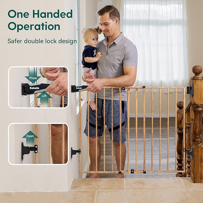 Babelio 34" Extra Tall Baby/Dog Gate with No Threshold Design Walk Thru Door, 26-43" Auto Close Safety Gate for Babies, Elders and Pets, Fits Doorways, Stairs, and Entryways, Brown Wood Pattern