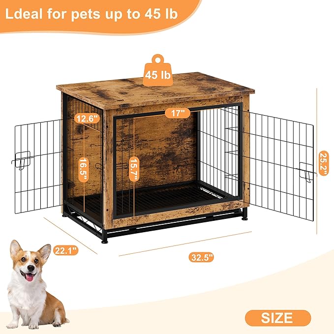 Vongrasig Dog Crate Furniture, Side End Table, Modern Wooden Kennel for Dogs Indoor, Heavy-Duty Dog Cage with Multi-Purpose Removable Tray, Double-Door Dog House, Rustic Brown