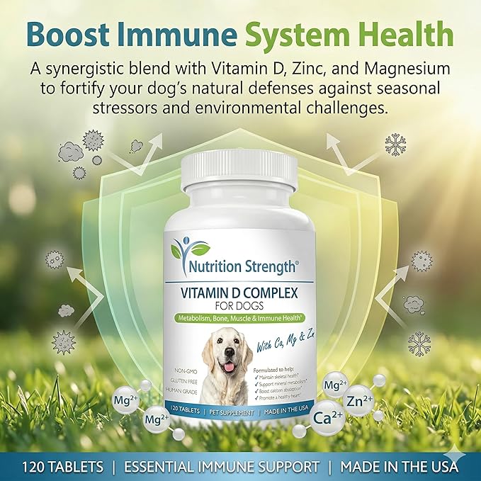 Vitamin D for Dogs with Calcium, Magnesium and Zinc to Support Strong Teeth, Bones and Muscles, Promote Mineral Metabolism and a Healthy Immune Function, 120 Chewable Tablets