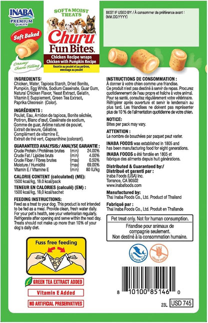 INABA Churu Fun Bites for Dogs, Soft & Chewy Baked Chicken Wrapped Filled Dog Treats with Vitamin E, 0.42 Ounces per Tetra, 8 Tetras per Box, Chicken with Pumpkin Recipe (Pack of 2)