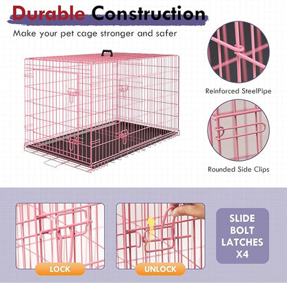 PayLessHere Large Dog Crate Kennel for Medium Large Dogs 30 inches Metal Dog Cage Double-Door Folding Travel Indoor Outdoor Puppy Playpen with Divider and Handle Plastic Tray,Pink