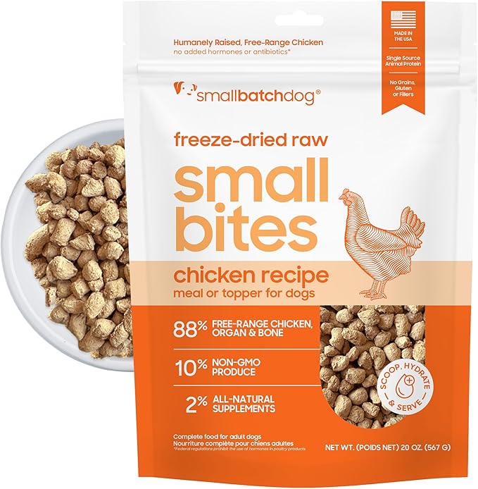 smallbatch Pets Freeze-Dried Raw Dog Food – Chicken Recipe –20 oz Small Bites – High Protein, Grain Free – Complete Meal or Topper – Made in USA with Organic Superfoods (20 Oz, Chicken)