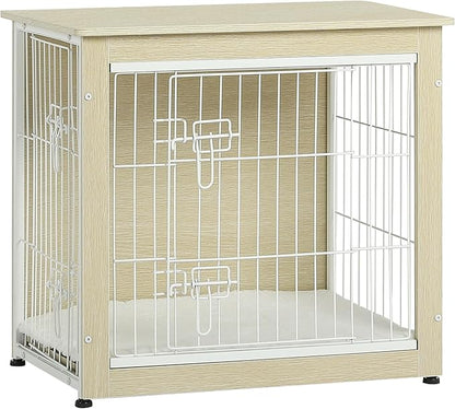 DWANTON Dog Crate Furniture with Cushion, Wooden Kennel Table with Double Doors, Indoor Dog House, Small/Medium/Large Size, 27.2" L, White Oak