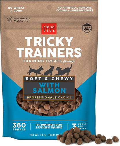 Cloud Star Tricky Trainers Soft & Chewy Dog Training Treats 14 oz. Bag, Salmon Flavor, Low Calorie Behavior Aid with 360 Treats