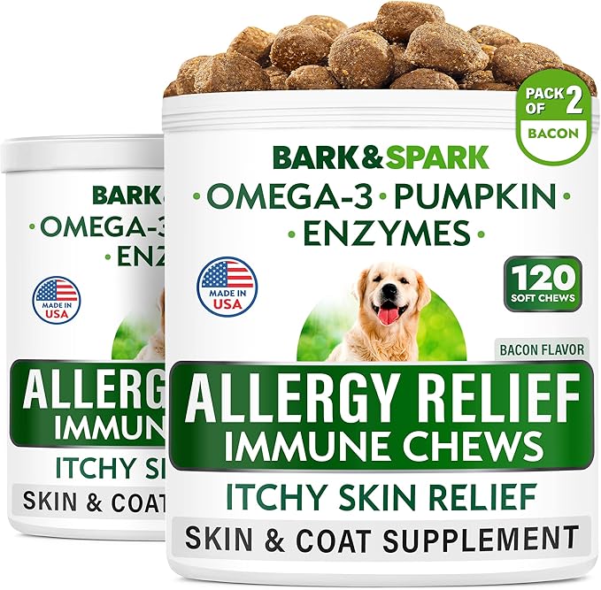 BARK&SPARK Dog Allergy Relief Soft Chews for Skin Health & Seasonal Allergies - Anti-Itch Supplement w/Omega-3, Quercetin & Bromelain Immune Treats for Dry Skin & Hot Spots - Bacon - 240ct