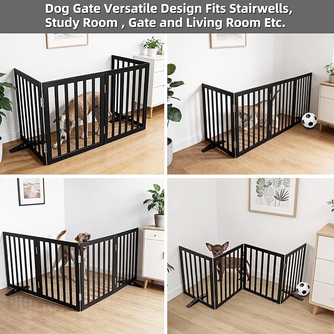 Dog Gate Indoor, Freestanding Dog Fence for The House, Doorways, Hallways,or Stairs,Pet Gate Foldable Wooden,Expandable 24" Height 4 Panels,Black