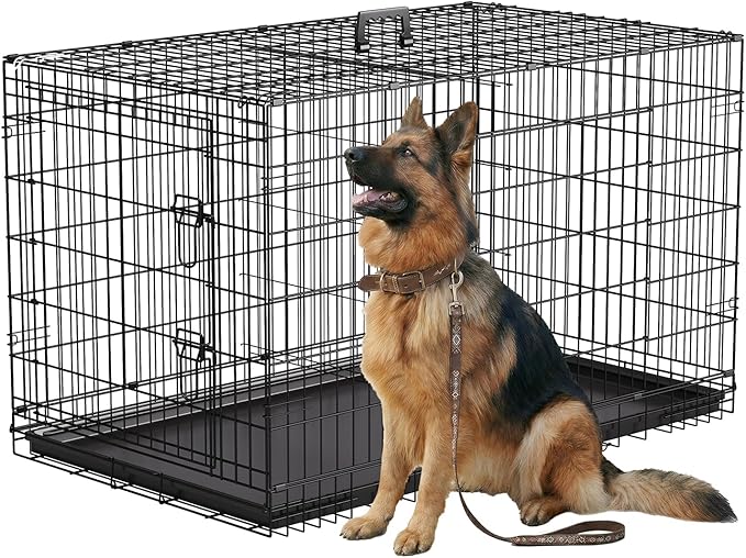 FDW 45 Inch Dog Crate for Large Dogs, Folding Metal Cage with Double Door & Leak-Proof Tray, Black