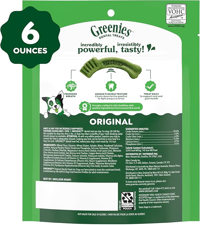 Greenies Veterinarian-Recommended Adult Natural Dental Dog Treats Large Size, Dog Dental Chews, Original Flavor, 6 oz. Pack, 4 Count