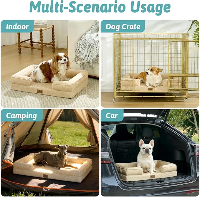 Cooling Dog Bed for Extra Large Dogs 44x32 inch, Q-Max >0.4 Summer Cool Orthopedic Foam Pet Sofa Bed with Sides, XL Size Bolster Anti-Slip Couch with Washable Removable Cover, Beige