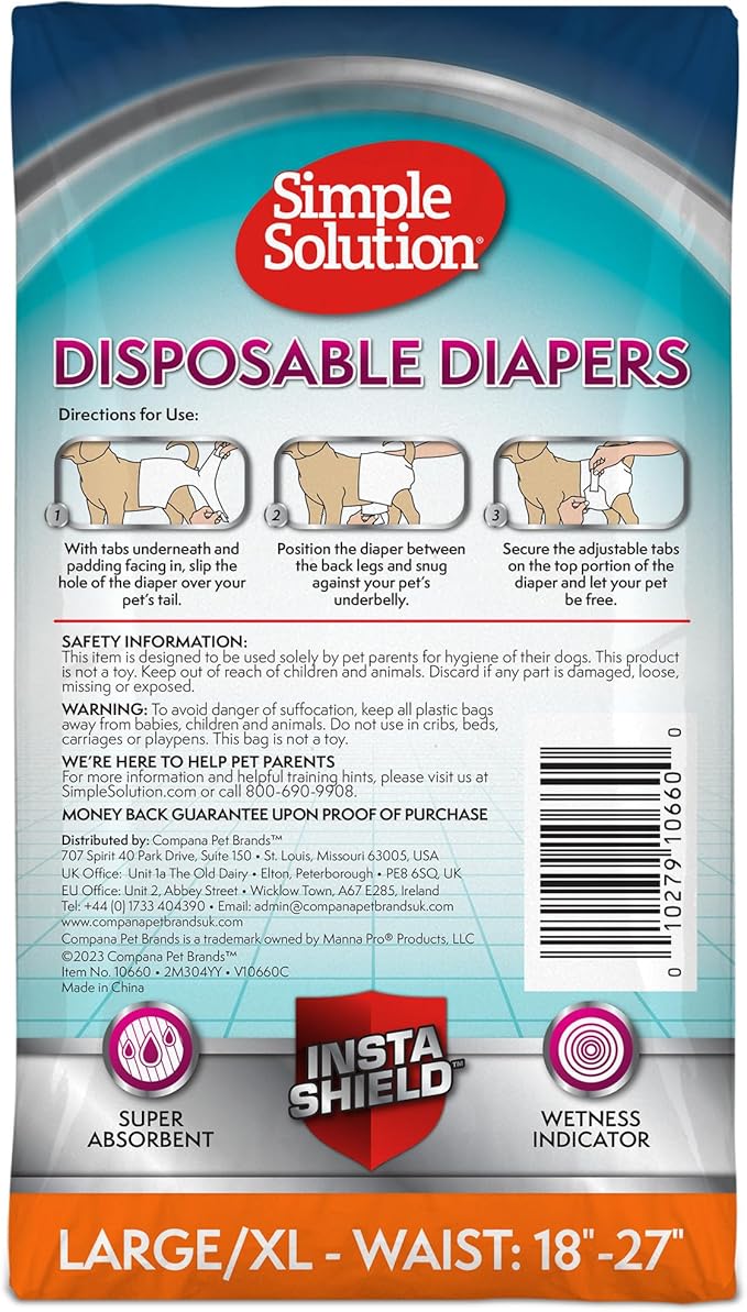 Simple Solution Disposable Dog Diapers, Female Dog-Diapers, Puppy Potty Training, Incontinence and Heat Cycle Protection, Large-Diapers for Dogs, 18-27 Inch Waist, 30 Count (Pack of 2)