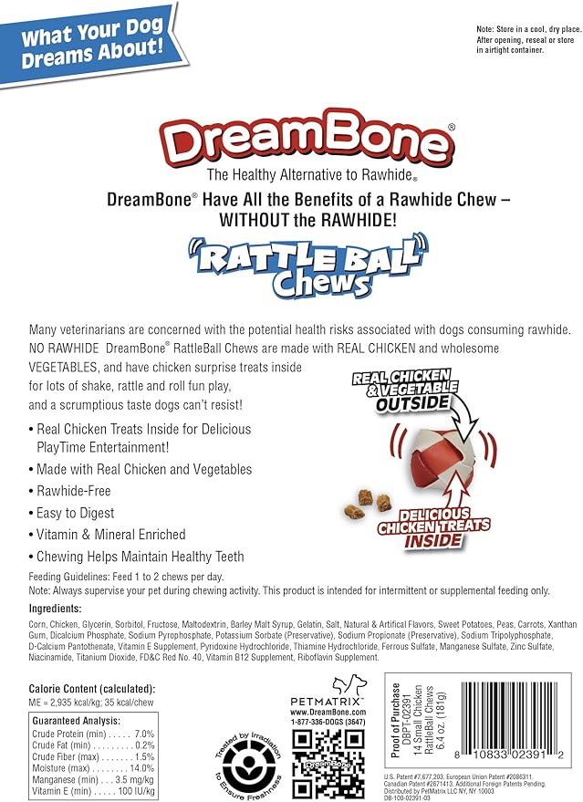 DreamBone RattleBall Small Chews, Rawhide-Free Chews for Dogs, with Real Chicken Treats Inside, 14 Count (Pack of 4)