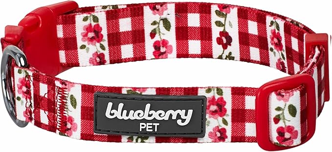 Blueberry Pet Spring Scent Inspired Dainty Flower Dog Collar, Red Check, Adjustable Dog Collar for Small Dogs, Size Small, Neck 12-16"