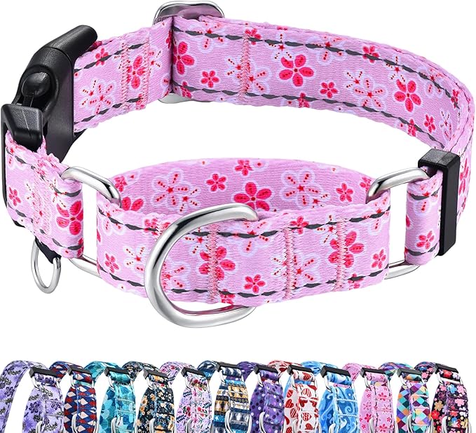 Reflective Martingale Collar for Dogs with Quick Release Buckle Cute Girl Female Flower Dog Collars (Pink Floral, Small)