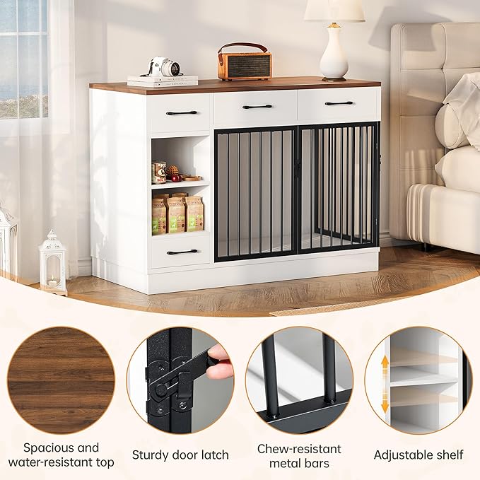 OtterOasis Large Dog Crate Furniture, 47.2'' Dog Kennel Indoor with 3 Storage Drawers and Hidden Feeding Bowl, Sturdy Wooden Dog Crate with 2 Doors and Adjustable Shelf for Small, Medium Dogs