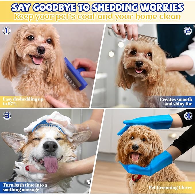 8PCS Dog Slicker Brush for Dogs Grooming Kit,Bath Grooming Kit for Pets,Hair Brush Set with Towel,Washing Gloves,Slicker Comb,and Shampoo Scrubber Brush for Small and Large Dogs and Cats(Blue)