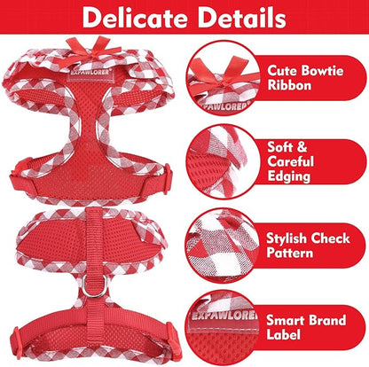 EXPAWLORER Cute Dog Harness and Leash Set - Red Girl Dog Harness Checkered Step-in Design, Easy Adjustable No-Choke Lightweight Breathable Vest for Puppy Small Dogs Cats Outdoor Walking, X-Small