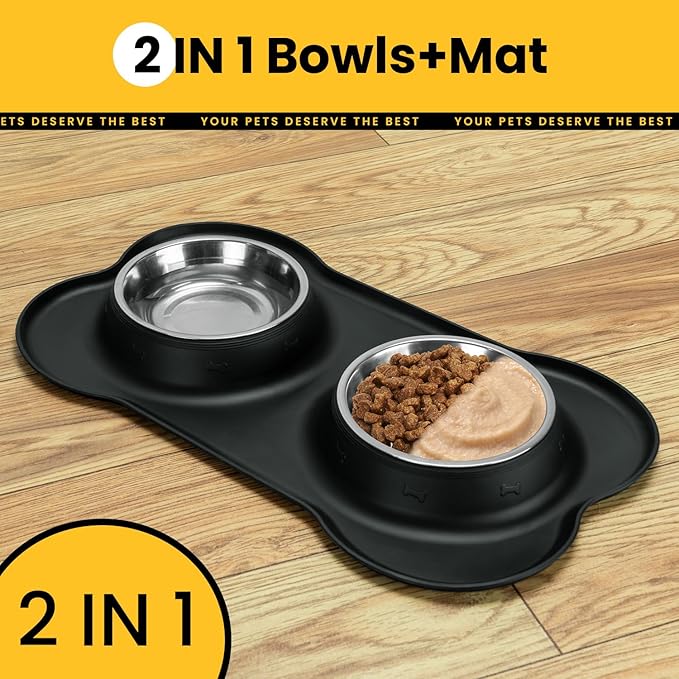Conlun Medium Pet Feeding Station, 29oz Stainless Steel Dog Bowls Set, No Spill Food & Water Dishes with Non Slip Silicone Mat for Breeds Up to 55 Lbs,Black