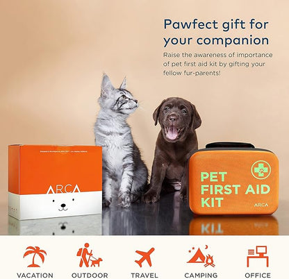 ARCA PET Cat & Dog First Aid Kit - High Visibility Reflective Zipper with Fluorescent Letter Print - 100 pcs with Dog Thermometer, Tick Remover Kit & Pet First Aid Kit Manual Book