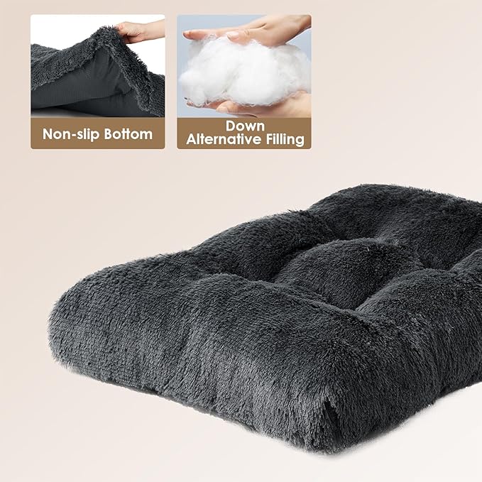 EHEYCIGA Fluffy Dog Crate Bed for Extra Large Dogs, Plush Faux Fur XLP Pad, Calming Anti Anxiety XL Plus Bed for Crate, Washable Soft Warm Dog Mat with Non-Slip Bottom, Dark Grey