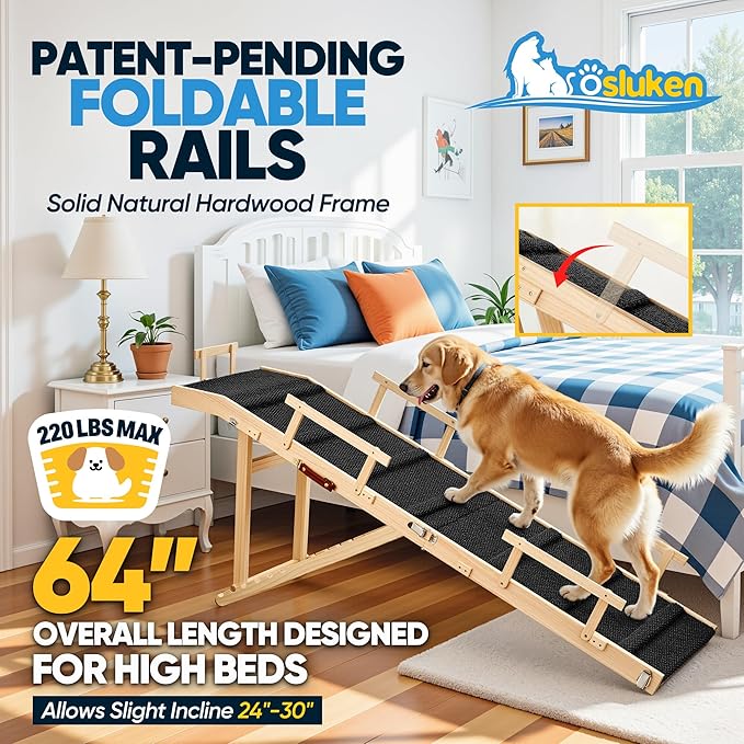 Dog Ramp for Bed with Rails, 64" Long Foldable Pet Ramp for Small Large Dogs, Dog Ramps for High Beds with Safety Side Railng, 6 Adjustable Heights 24" to 30" Up to 220LBS (Black, 64" X 17inch)