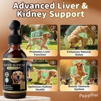 Milk Thistle for Dogs – 9-in-1 Liver and Kidney Support Drops with Artichoke, Resveratrol, Marigold Extract, 100% Natural Detox Supplement for Liver Function, Split Dropper, Bacon Flavor, 2Oz