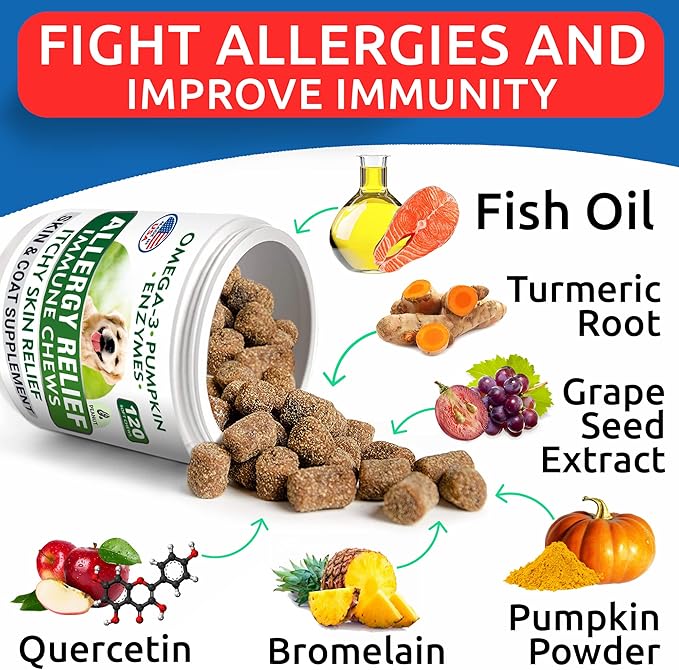 BARK&SPARK Dog Allergy Relief Soft Chews for Skin Health & Seasonal Allergies - Anti-Itch Supplement w/Omega-3, Quercetin & Bromelain Immune Treats for Dry Skin & Hot Spots - Peanut Butter - 240ct