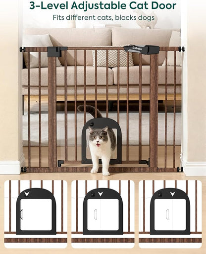 Babelio CatPrivilege Ⅲ Baby Gate with Cat Door, 29"-43" Adjustable Black Wood Pattern Pet Door, 30" Tall Pressure Mounted Safety Gate for Stairs & Doorways, Auto Close,Wall Protectors Included