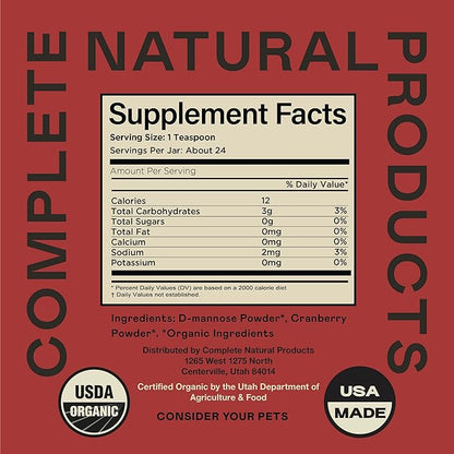 Complete Natural Products Organic D-Mannose & Cranberry Powder for Pets - 4oz - Pure D-Mannose & Cranberry