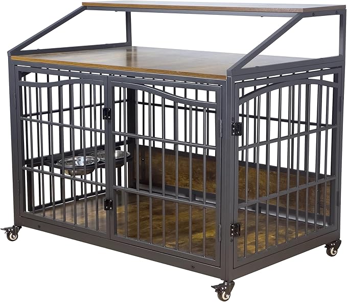 48 Inch Dog Crate Furniture, XXL Kennel Cage Rustic Wooden Pet House End Table Dog Home for Large Dogs with 2 Stainless Steel Bowls Indoor Use 48" L x 30" W x 40" H