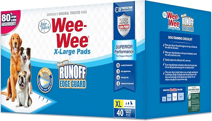 Four Paws Wee-Wee Superior Performance Pee Pads for Dogs with Runoff Barrier Edge Guard Protection, Puppy & Dog Potty Training Pads, Housebreaking Supplies, 28" x 34" (6 Count)