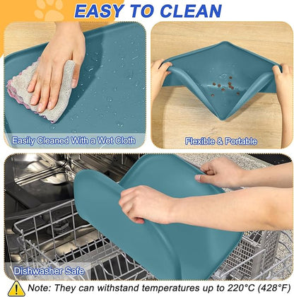 SMILOOL Silicone Pet Feeding Mat with Raised Edge for Food and Water, Dog Bowl Mats, Cat Bowls Placemat with High Lip for Floor Waterproof, Rubber Tray for Cats and Dogs 22 x 14 x0.8 Slate Blue