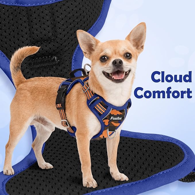 Funfox Dog Harness No Pull, Adjustable Pet Vest Harness, Super Soft Material with Vertical Handle Easy Control, Reflective Night Walking, 2 Leash Clips for Medium Sized Dogs, Camo Orange, M