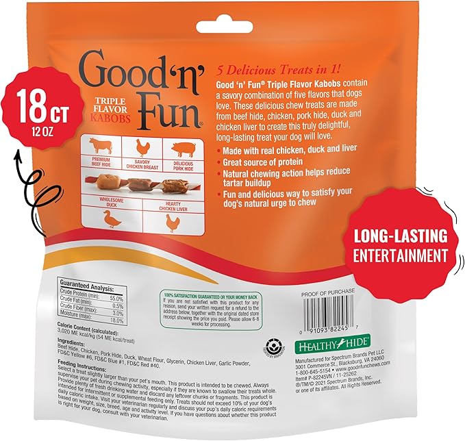 Good N Fun Triple Flavor Kabobs Chews for All Dogs, 18 Count, Treat Your Dog to Chews Made from Beef Hide, Real Chicken, Pork Hide, Duck and Chicken Liver