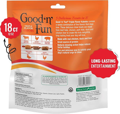 Good N Fun Triple Flavor Kabobs Chews for All Dogs, 18 Count, Treat Your Dog to Chews Made from Beef Hide, Real Chicken, Pork Hide, Duck and Chicken Liver