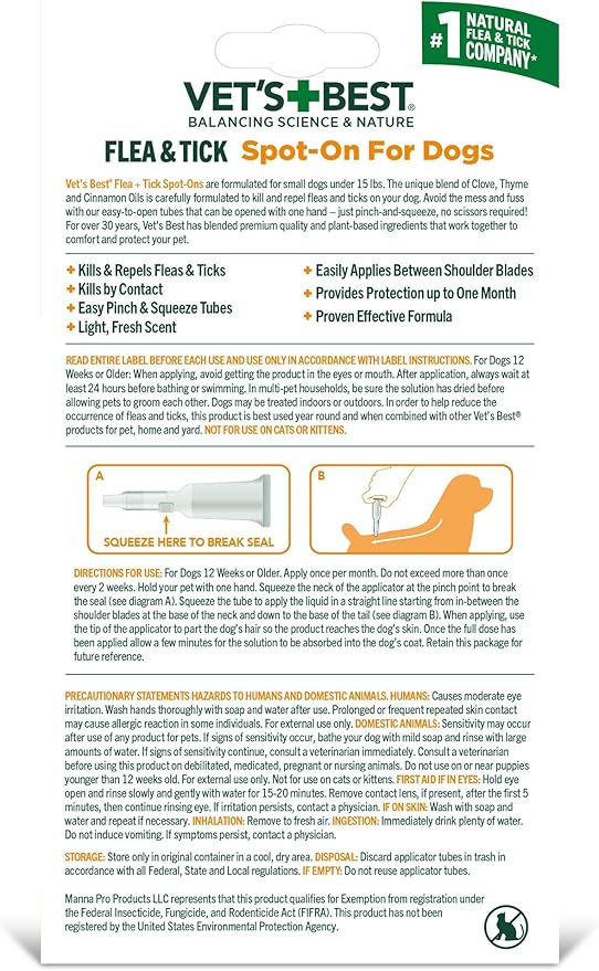 Vet’s Best Natural Flea and Tick Drops for Small Dogs, Plant-Based Spot-On Treatment with Certified Essential Oils, Topical Flea and Tick Prevention and Control, Natural Pest Care, 4 Month Supply